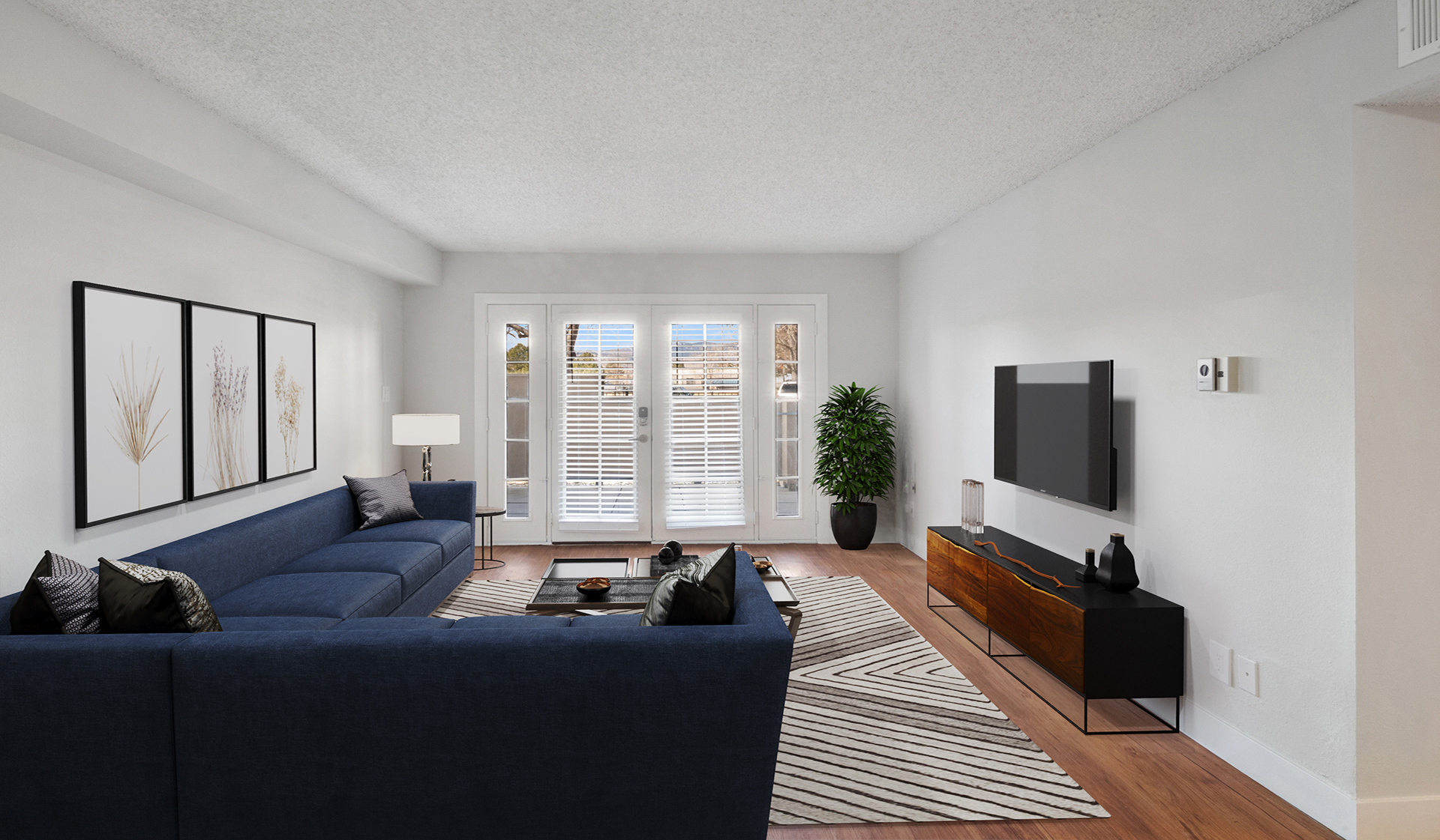 Bight and open living areas that open out to a spacious balcony